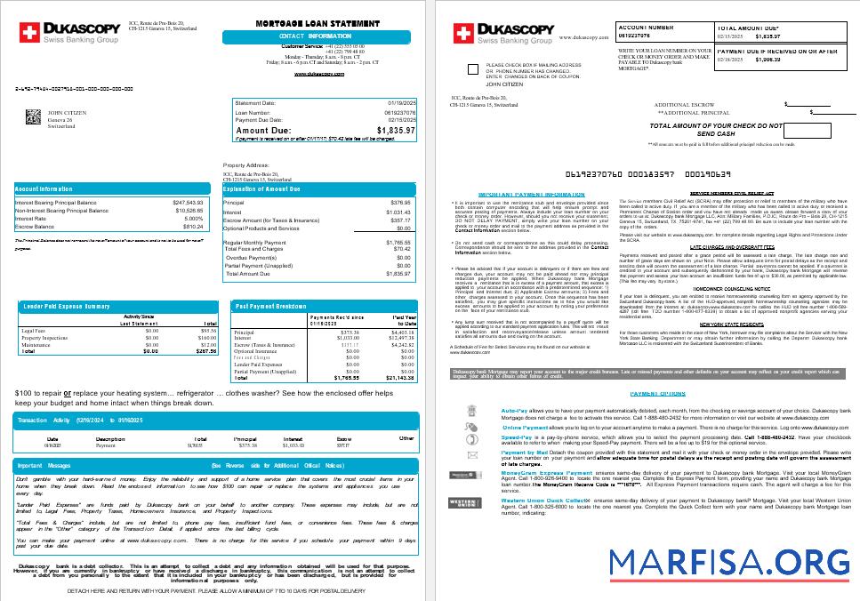 Realistic Switzerland Dukascopy bank mortgage loan statement in Word and PDF formats , 8 pages 1 2 download for verification